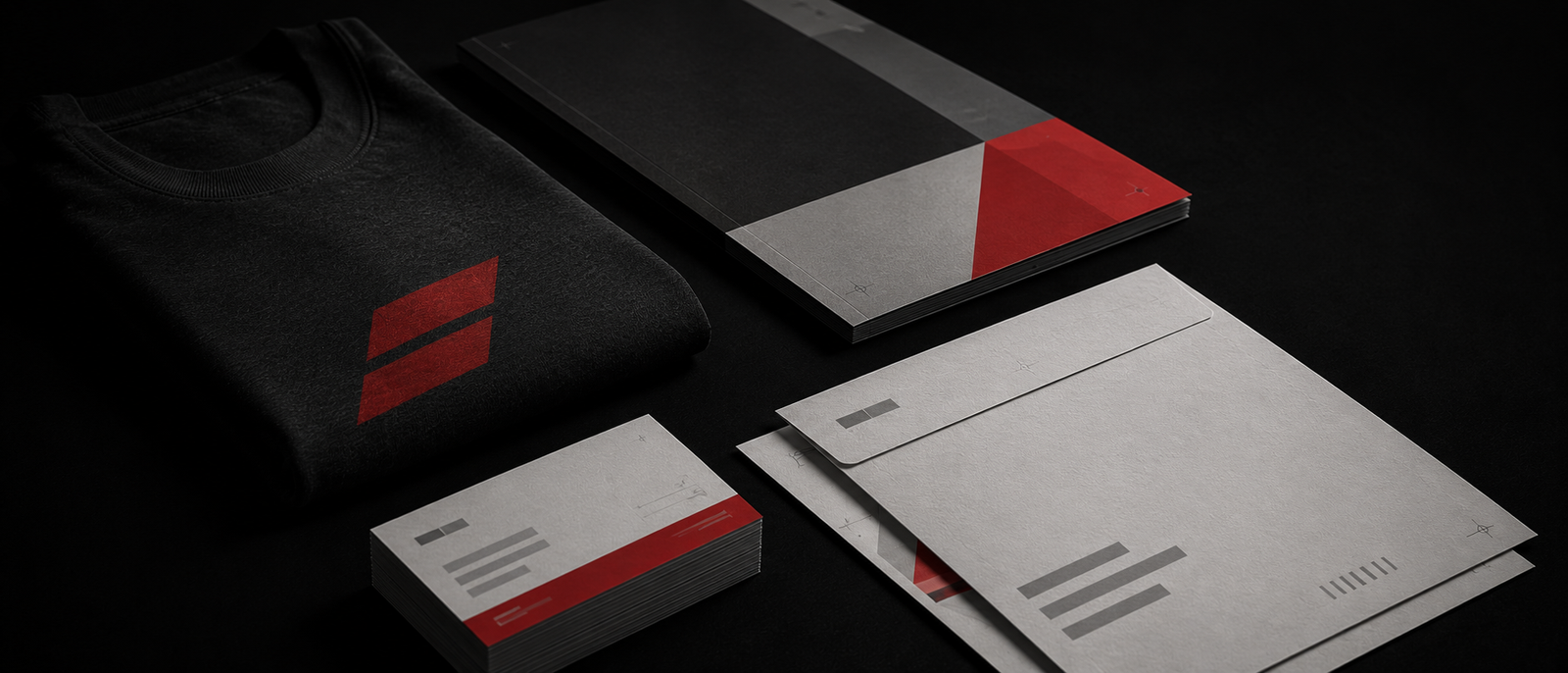 A folded dark garment, a folder, a stack of business cards and an envelope arranged together on a black surface, each carrying abstract red and grey printed blocks.