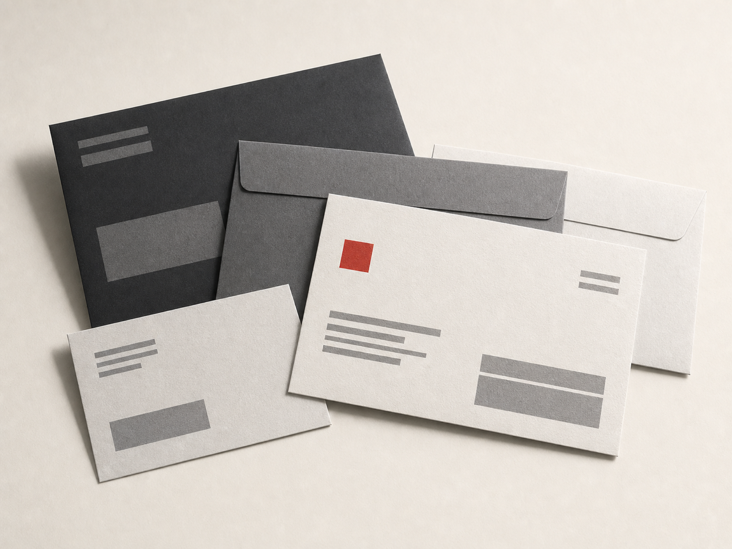 Several mail pieces overlapping on a pale surface — dark and light envelopes and a postcard — with address blocks shown as abstract grey bars and one small red square.