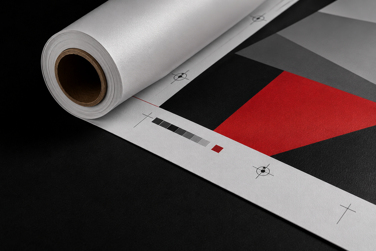 A roll of wide-format print stock partly unrolled across a black surface, the printed sheet carrying a large red block, registration targets, and a greyscale calibration strip running along its edge.