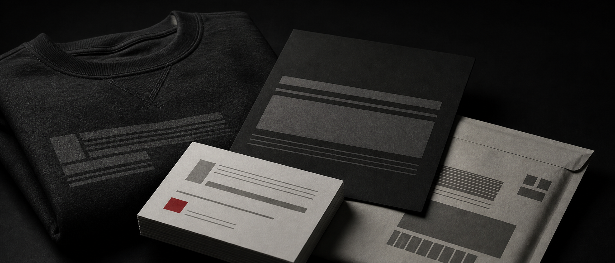 A dark arrangement of finished work — a folded garment, printed cards and a mailer — overlapping and receding into shadow.