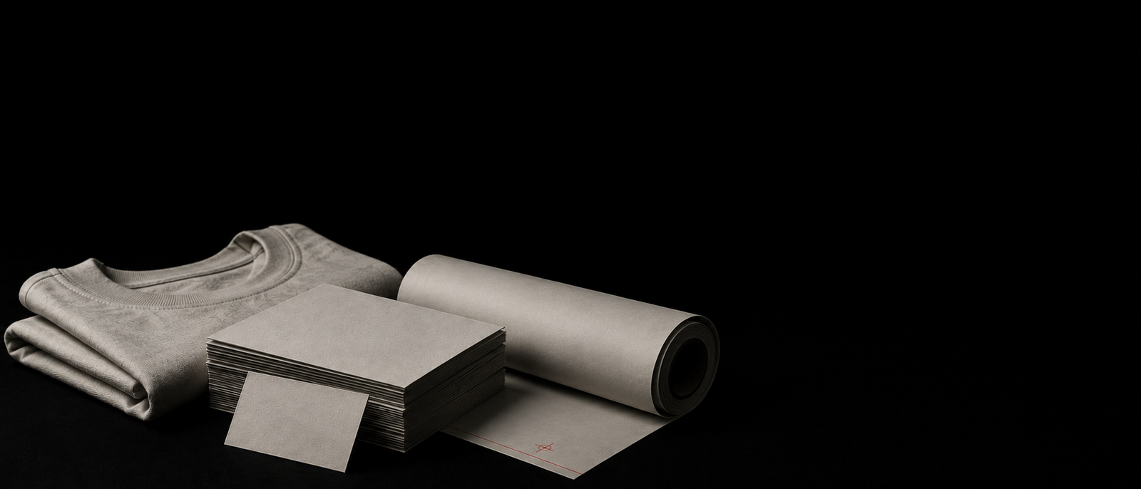Blank materials on a black surface — a folded cotton tee, a stack of uncoated business cards, and a partly unrolled roll of wide-format stock, none of them printed.